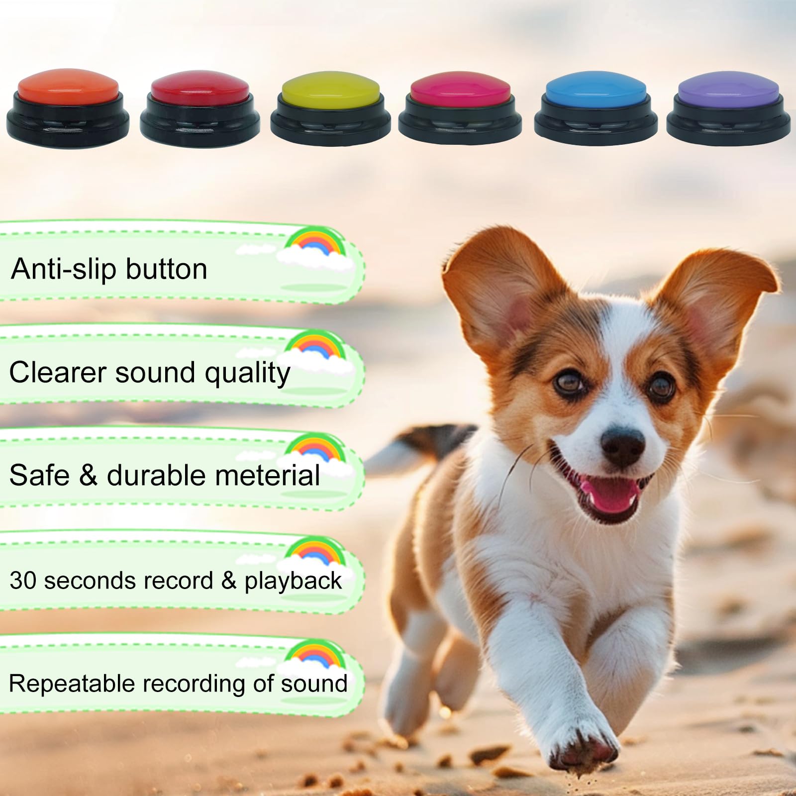 Gelabur dog buttons recording session; customizable prompts for learning.