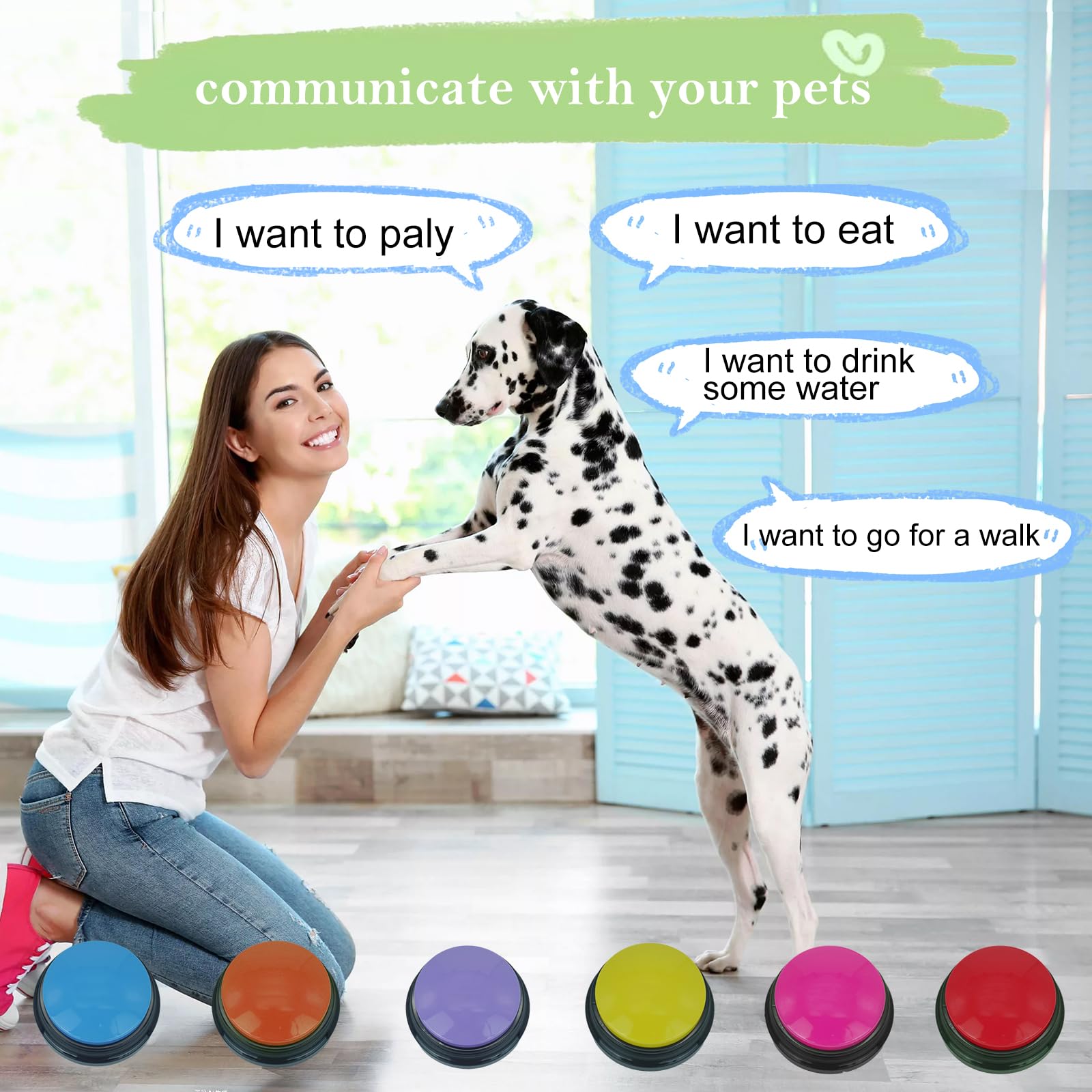 Gelabur dog buttons treat request; easy snack cue.
