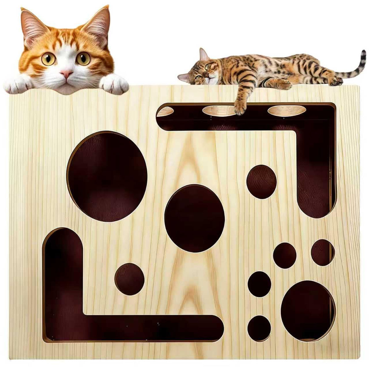 Generic 2026 cat scratch puzzle enrichment box front view showing durable solid wood for lasting play