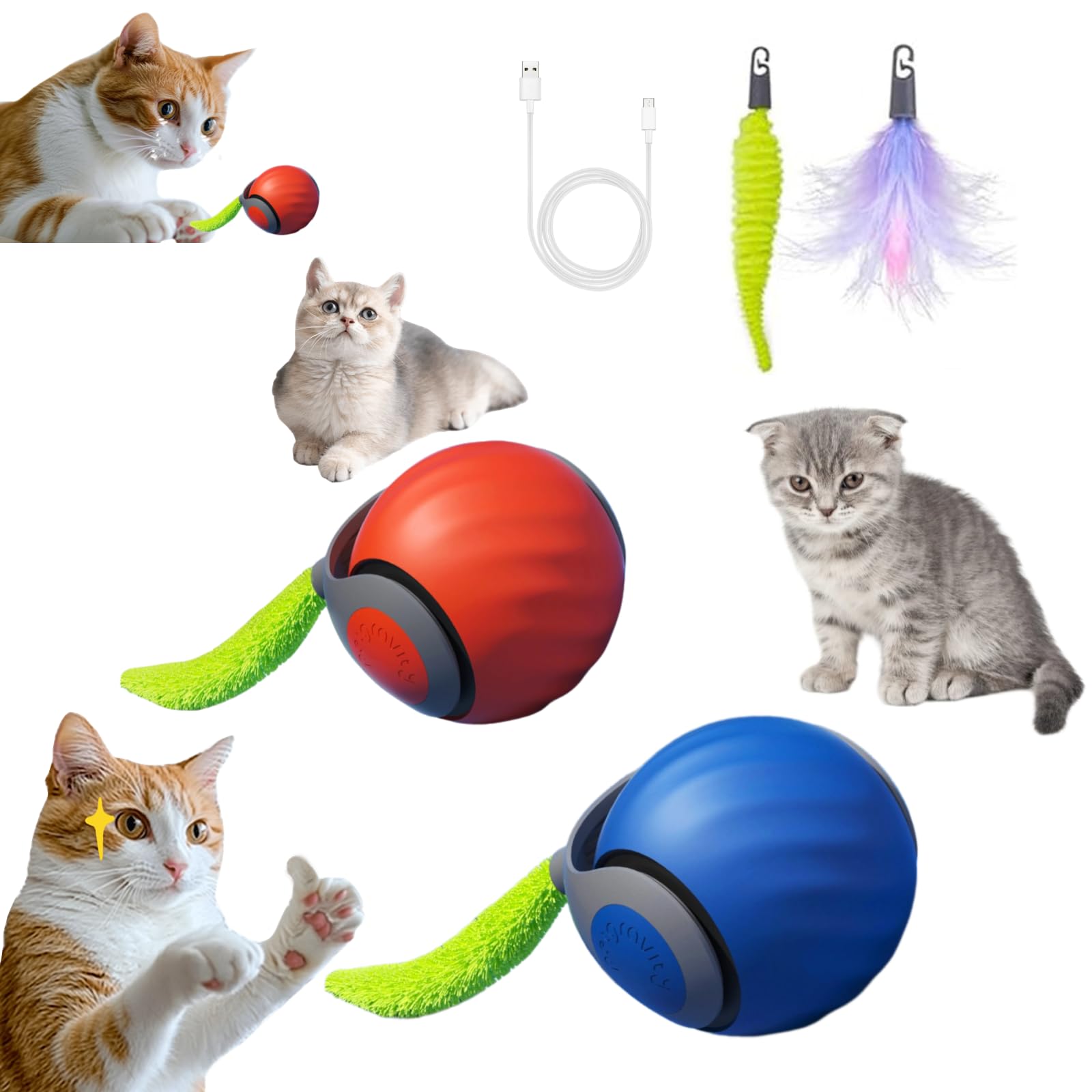 Generic 2026 cat toy ball with blue and orange front view showing self-moving action for curious cats.