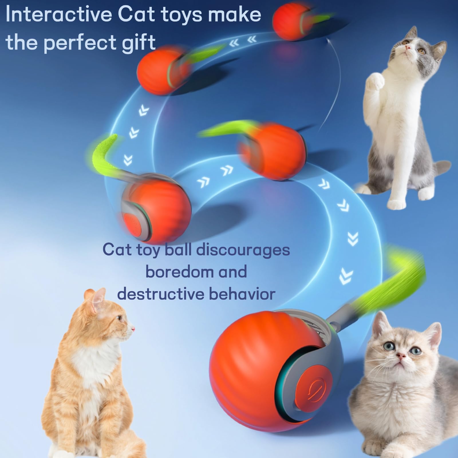 Generic self-moving ball with tail in motion blue-orange highlights engaging play and hunting instincts.