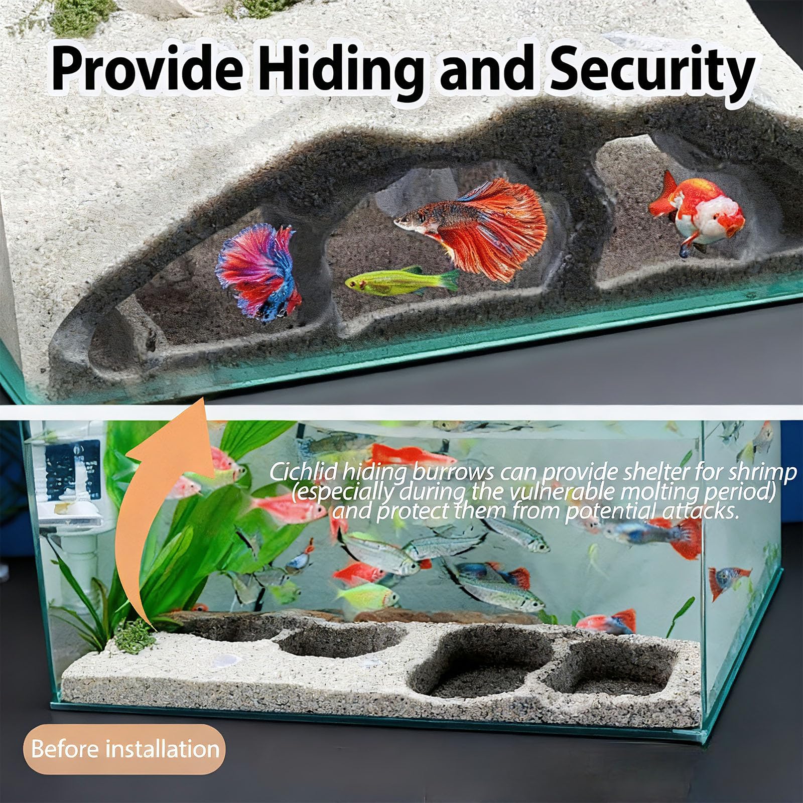 Generic 3D-printed aquarium cave enhances aquascapes with natural texture.