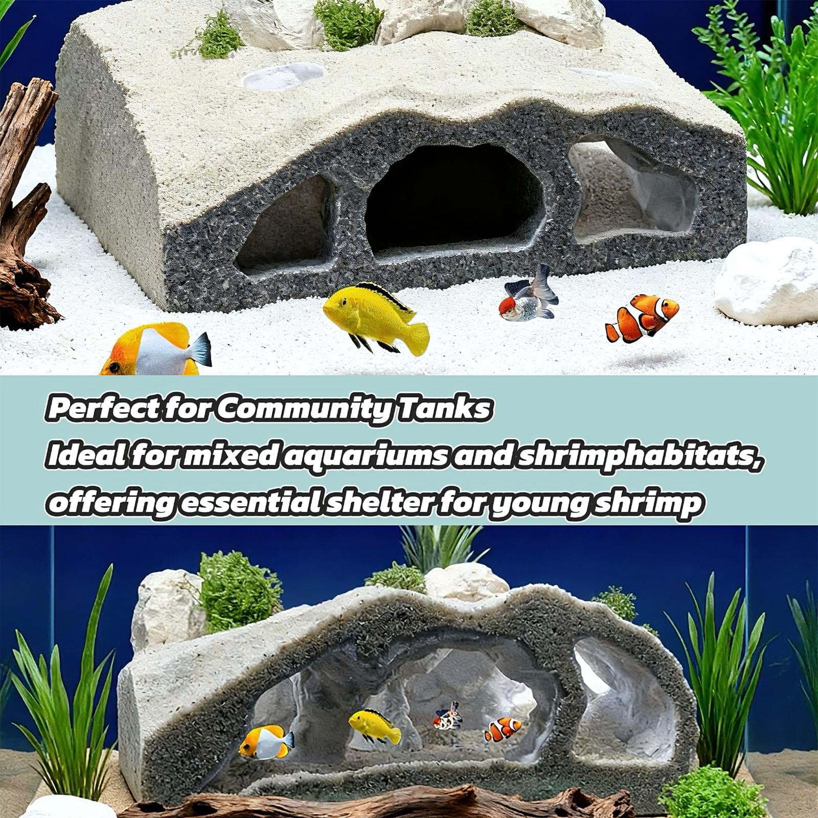 Generic 3D-printed cave installs without adhesives in bare-bottom tanks.