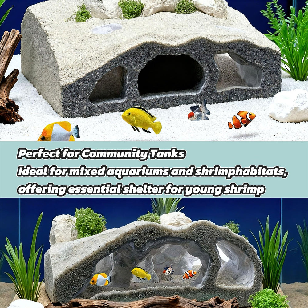 Generic 3D-printed cave installs without adhesives in bare-bottom tanks.