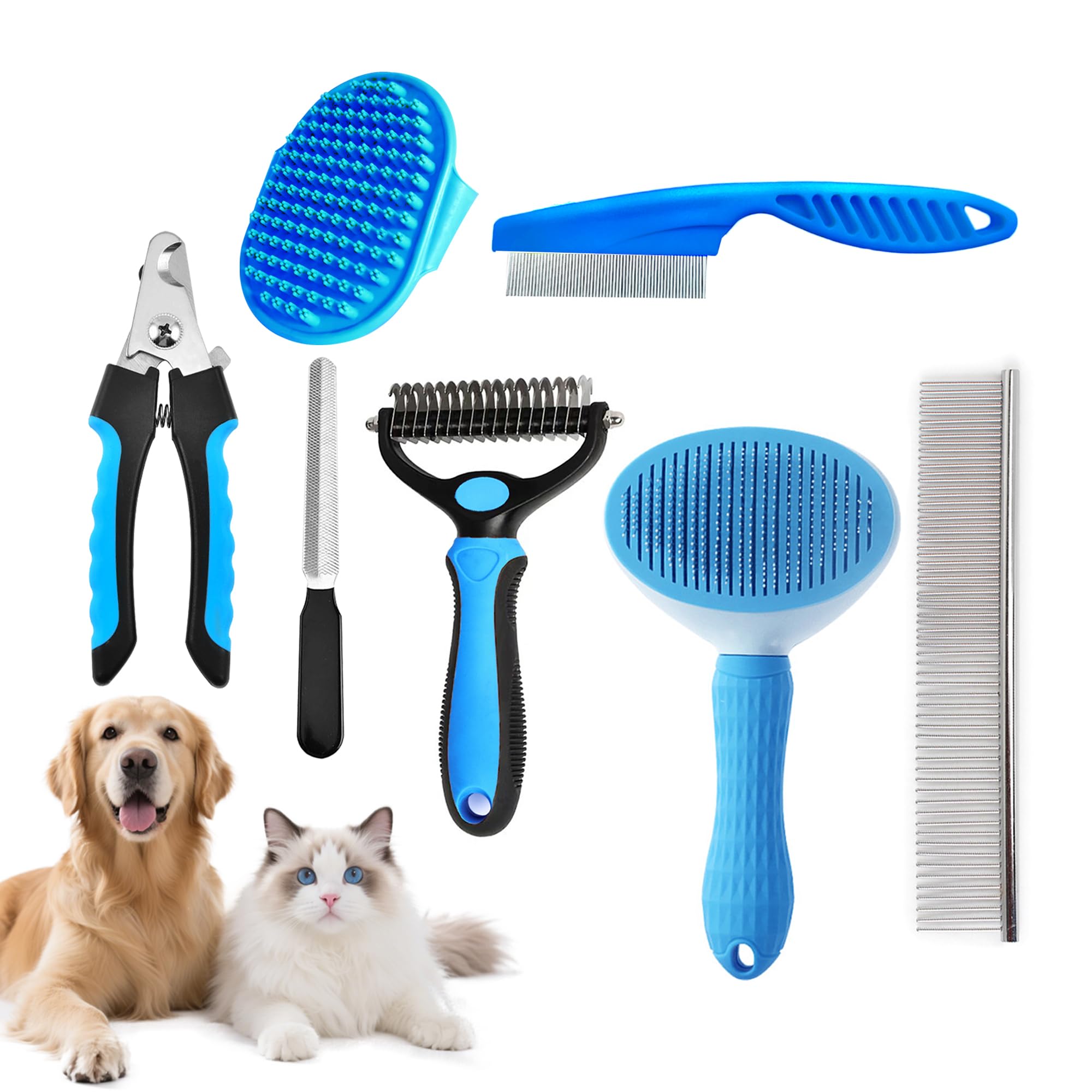 Generic 7-piece dog grooming kit deshedding tool reduces shedding at home.