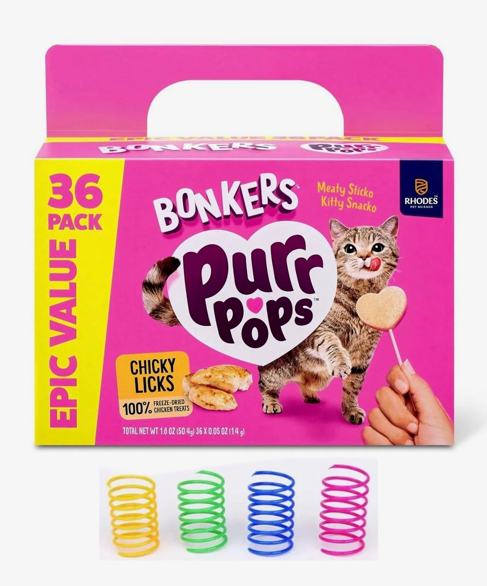 Bonkers Purrpops box with 36 chicken-flavored lollipops for convenient rewarding.