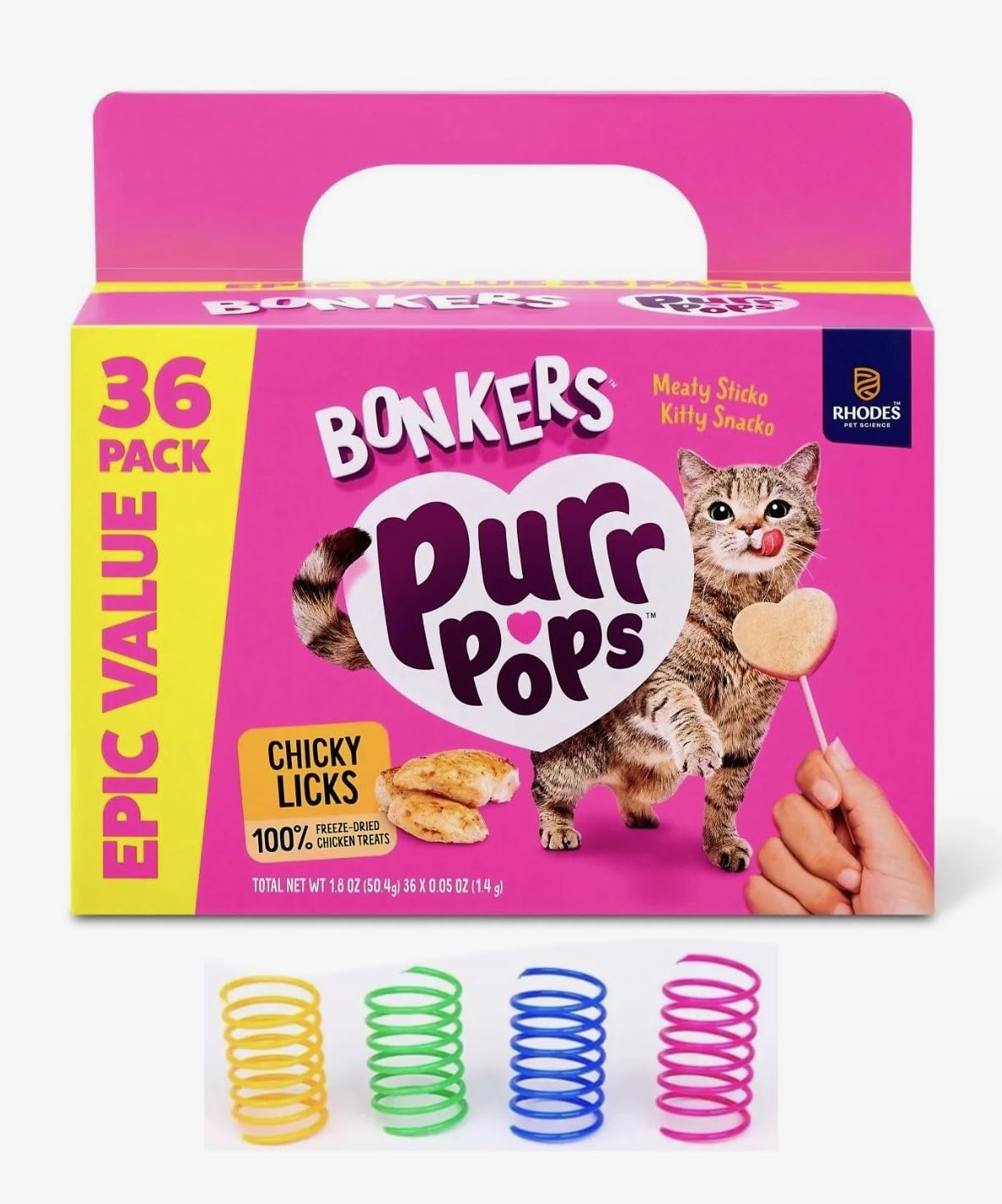 Bonkers Purrpops box with 36 chicken-flavored lollipops for convenient rewarding.