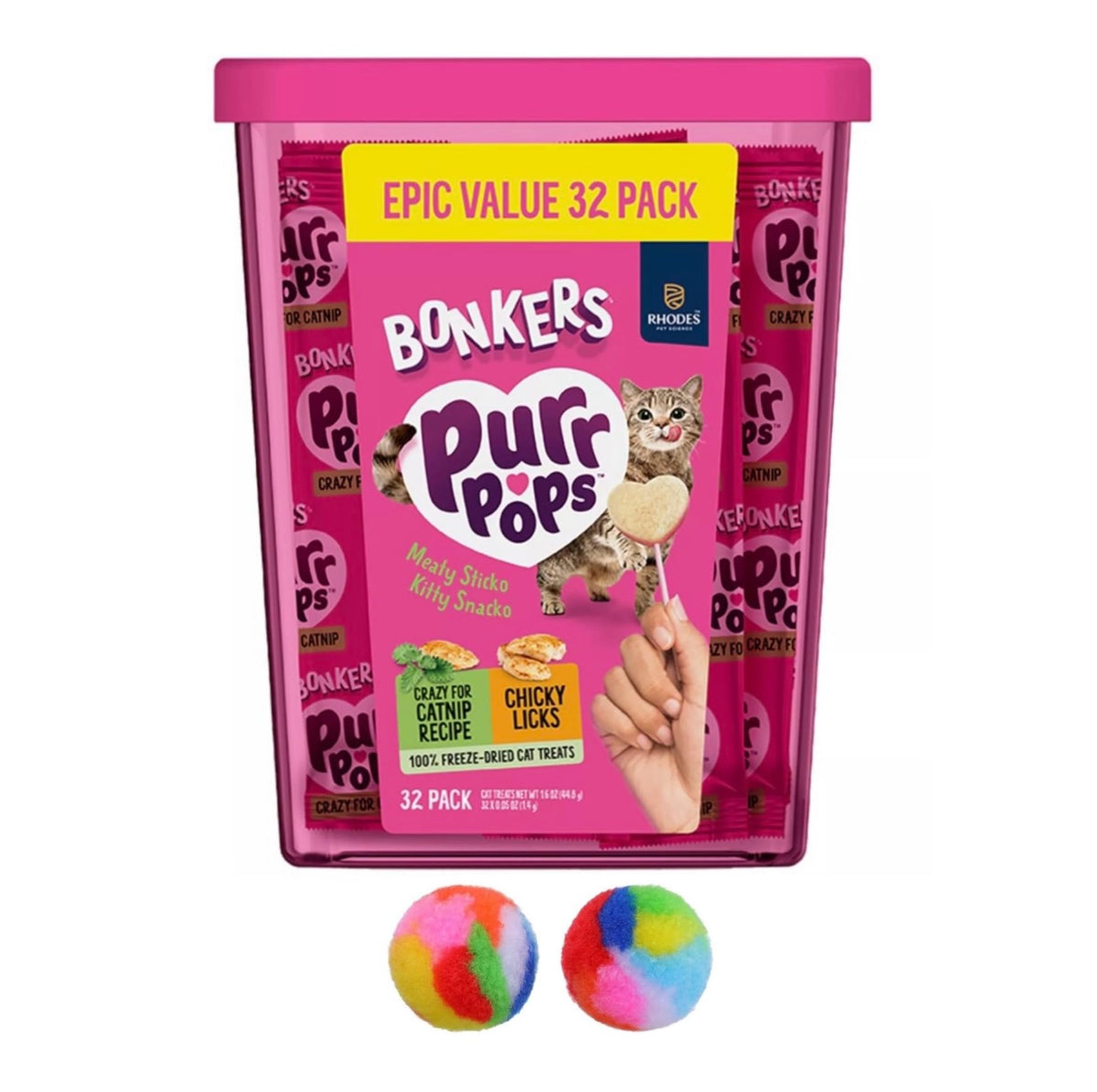 Generic Bonkers Purrpops tub with 32 freeze-dried cat treats ready for rewards