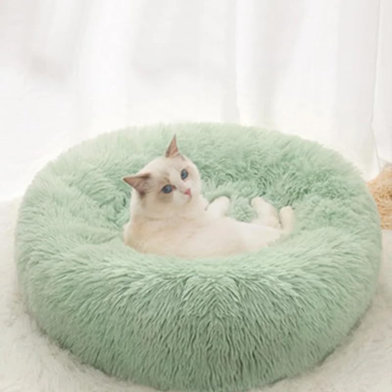 Generic anti-anxiety round cat bed with bolster for calmer naps.