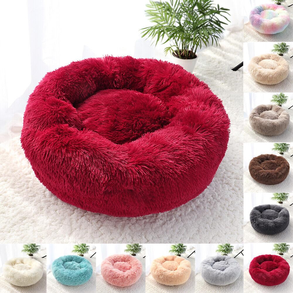 Generic cat bed round donut red care guide image shows machine washable convenience
