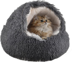 Generic cat bed round fluffy hooded cave promotes calm, secure sleep