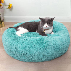 Generic cat bed round plush blue top view showing cozy donut design for curling