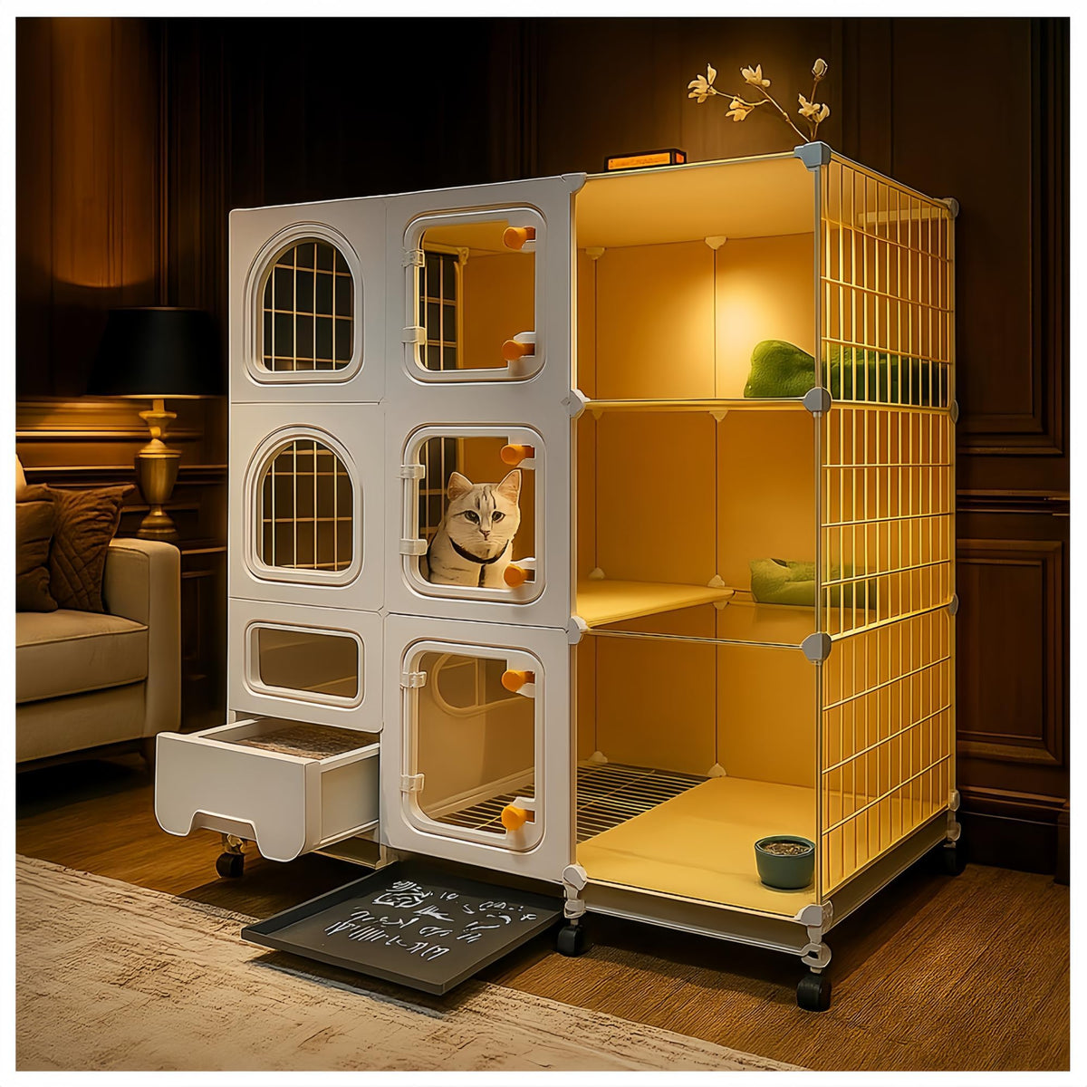 Generic cat cage indoor with litter box for easy cleaning and organized space.