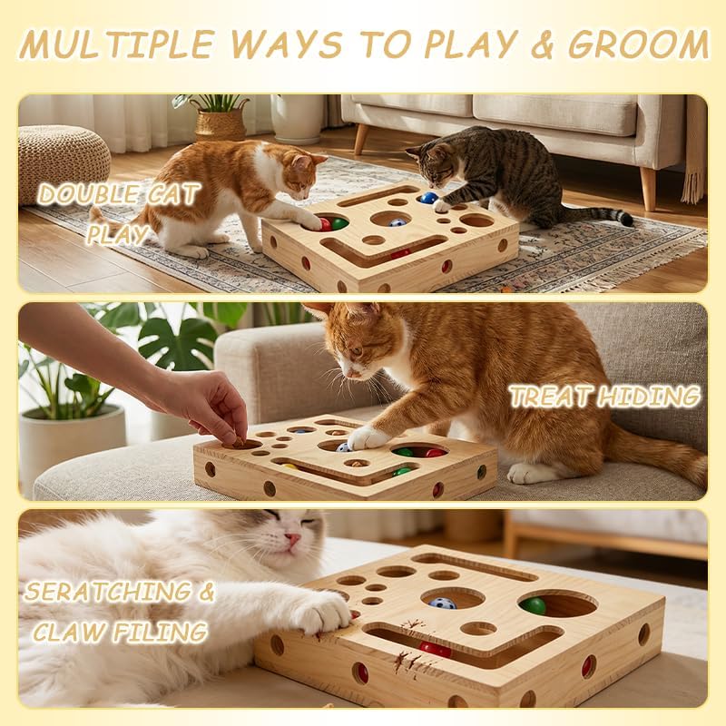 Generic Cat Scratch Puzzle Box with treat slots highlights cognitive enrichment during feeding