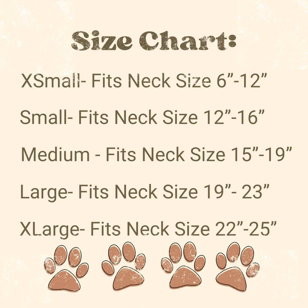 Generic Dog Bandana size range XS to XL illustrated for fit guide.