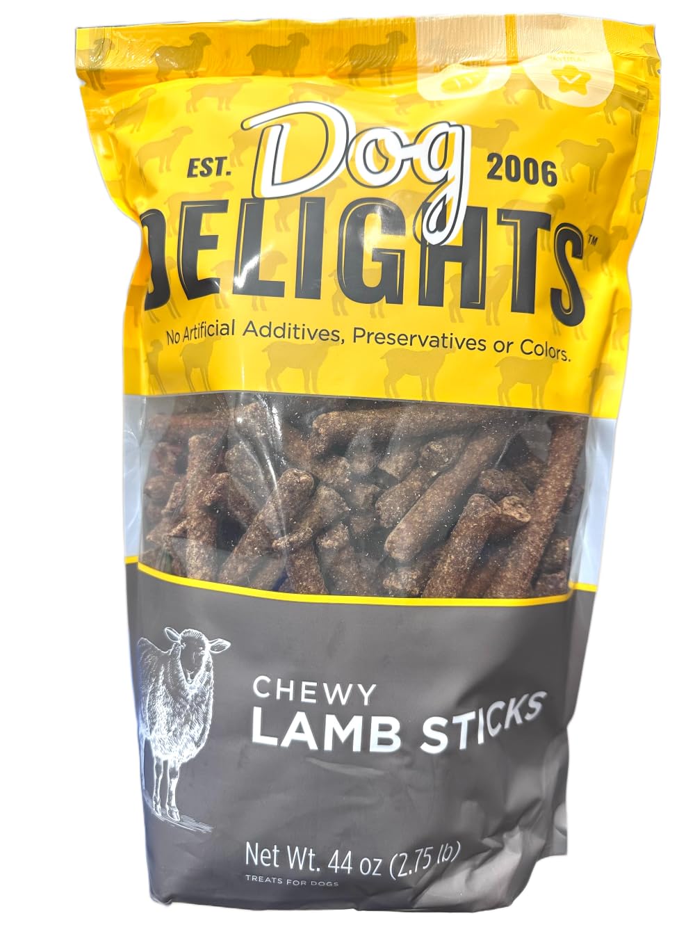 Generic Dog Delight lamb sticks bag; savory, simple ingredients for dogs.