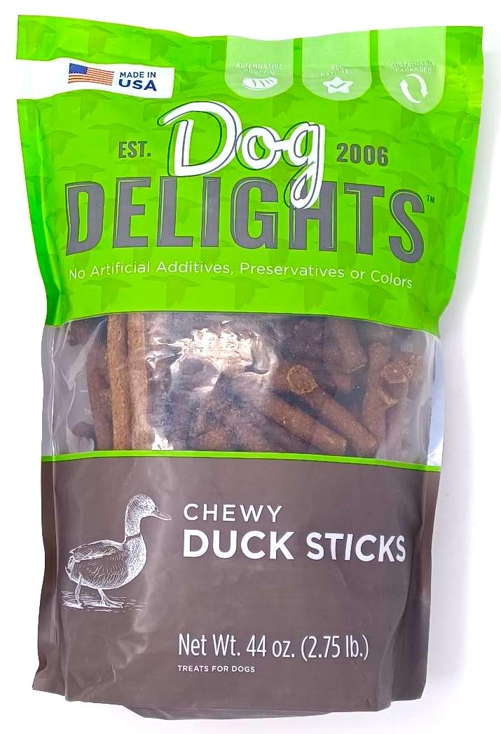 Generic Dog Delights Chewy Duck Sticks in a pouch, a tasty reward for dogs.