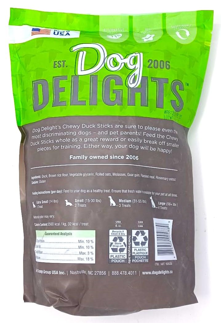 Generic Dog Delights Chewy Duck Sticks shown as a training reward option.