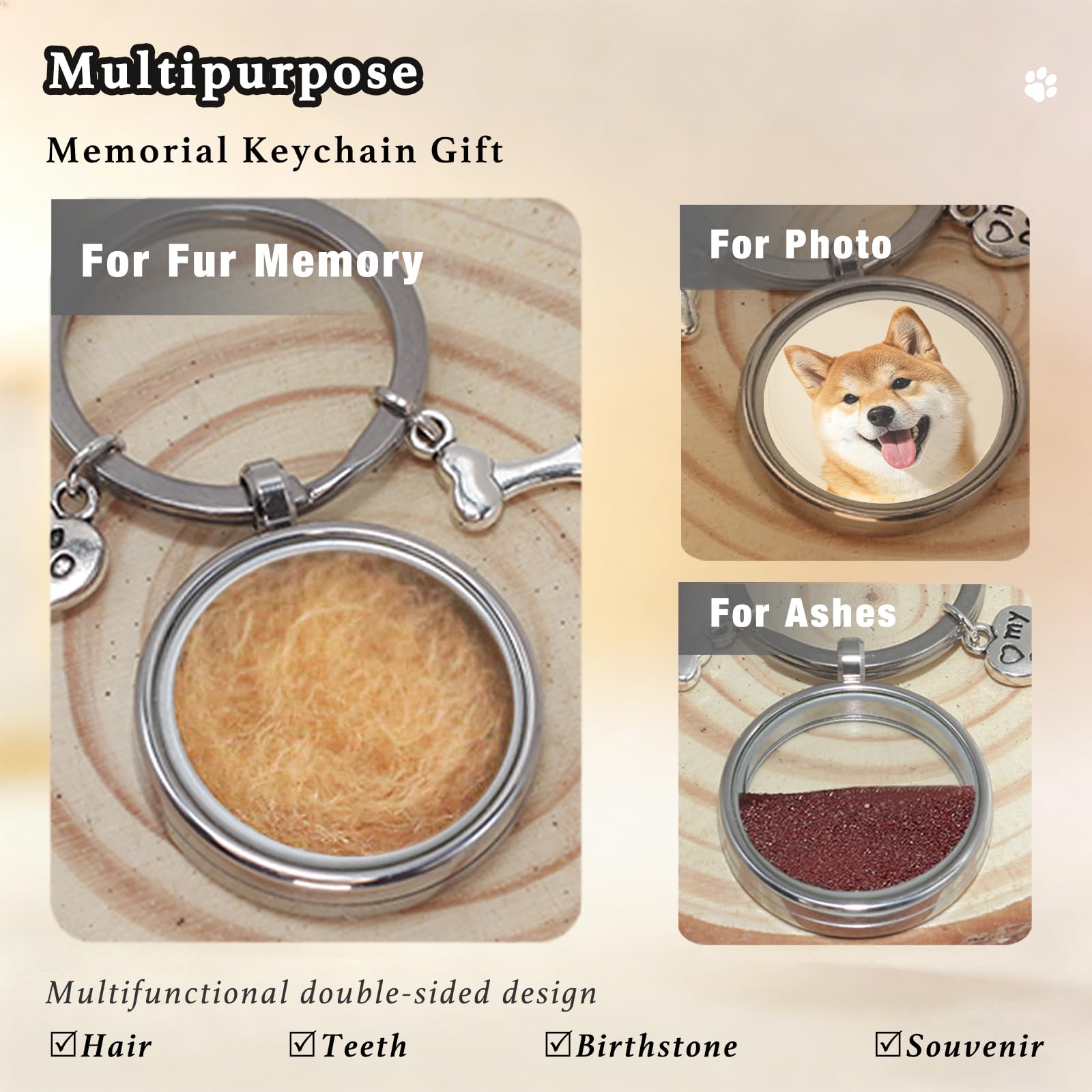 Generic Dog Hair Keepsake Keychain with heart and bone charms for a touching tribute