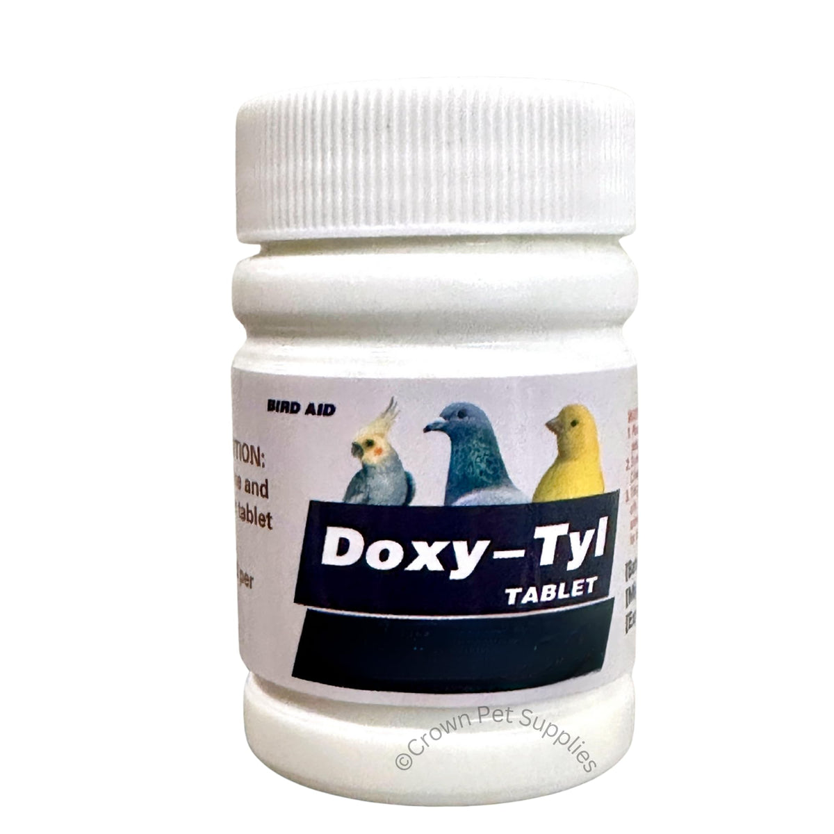 Generic DOX-Tyl tablets bottle packaging enables easy dosing for small birds.