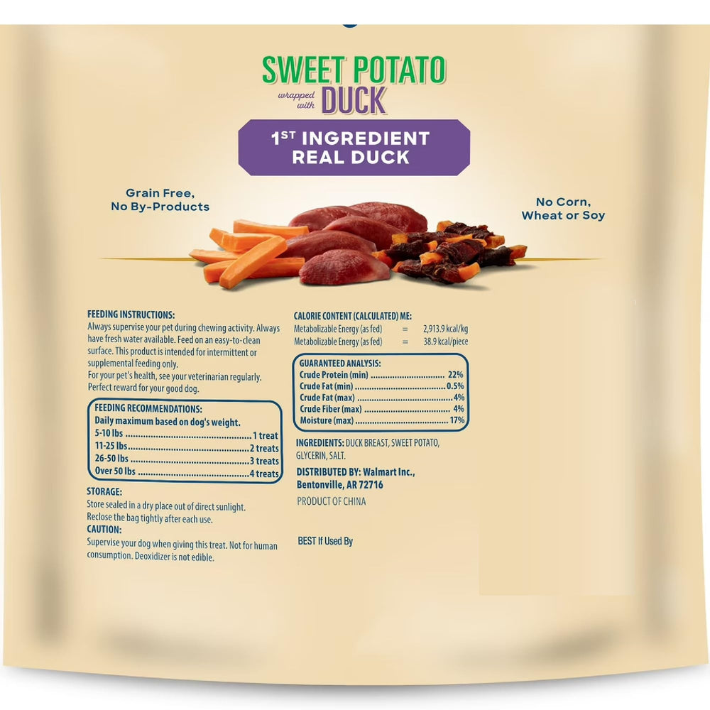Close-up of duck breast wrapped around sweet potato for a protein-rich chew