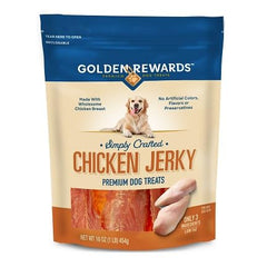 Generic Golden Rewards chicken jerky bag shows premium packaging and freshness.