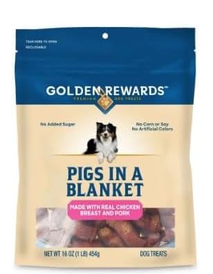 Generic Golden Rewards pigs in a blanket closeup shows crunchy texture and natural ingredients.