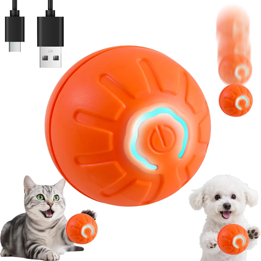 Generic Interactive self-moving pet toy ball in motion engages cats and small dogs.