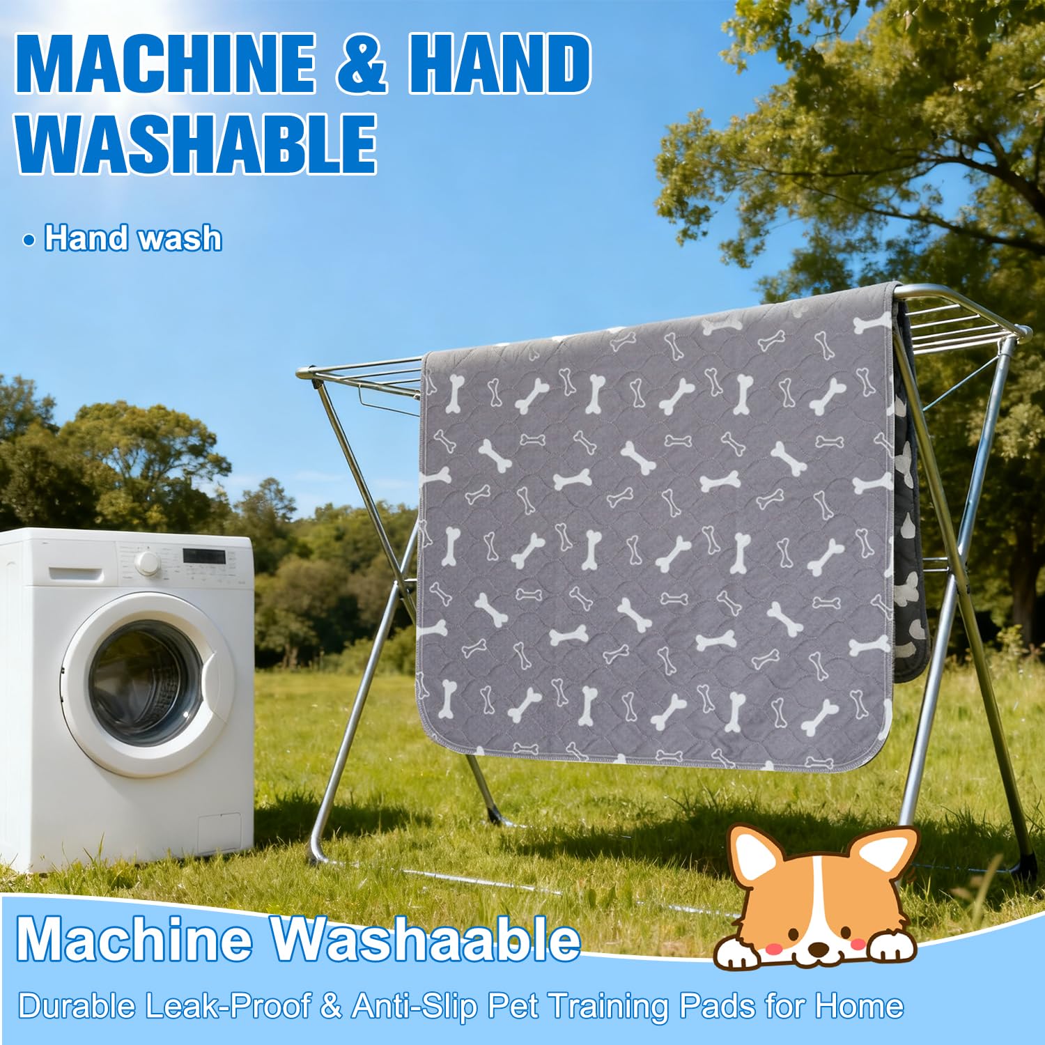 Generic machine-washable puppy pad simplifies cleanup and reuse.