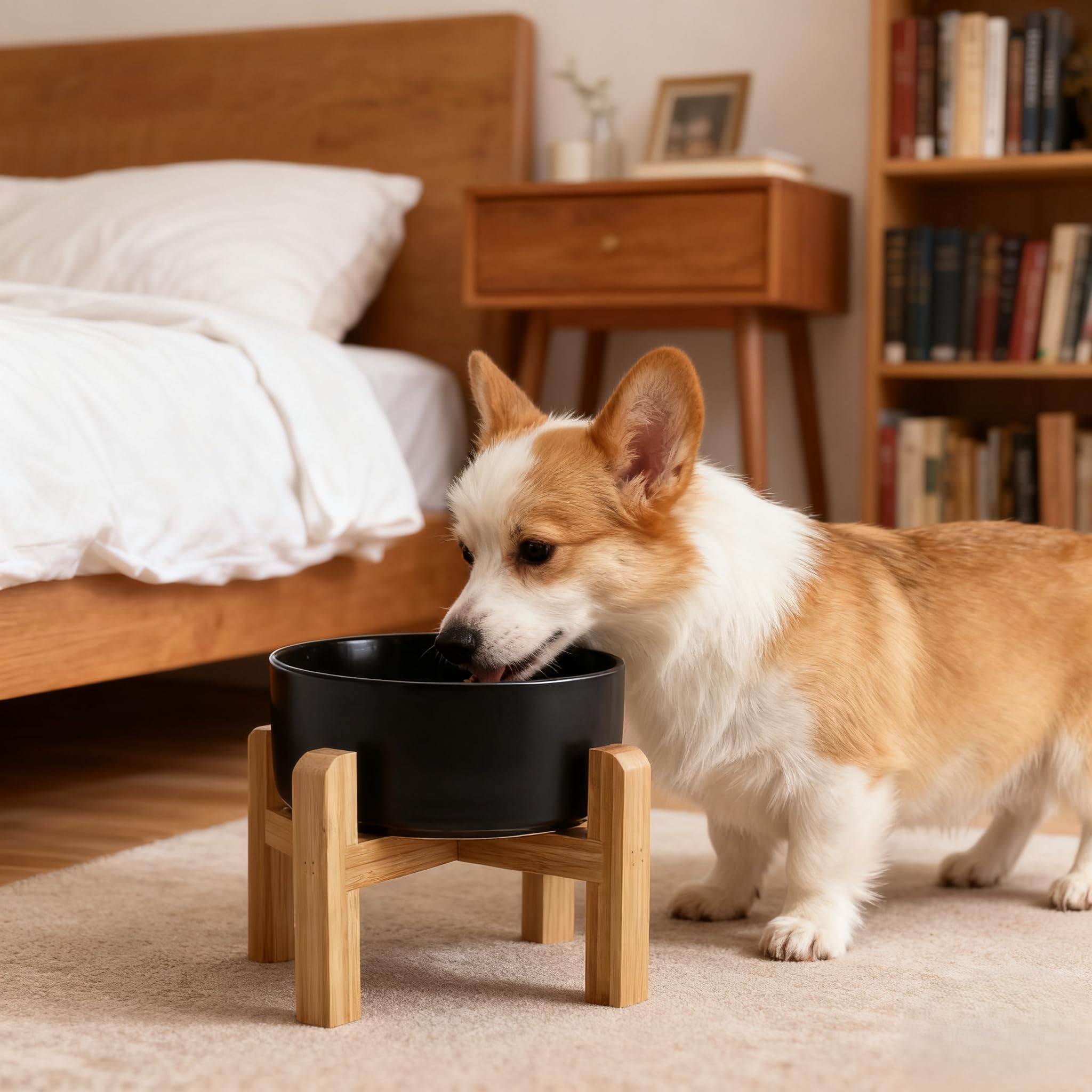Generic modern black elevated dog bowl with bamboo stand.