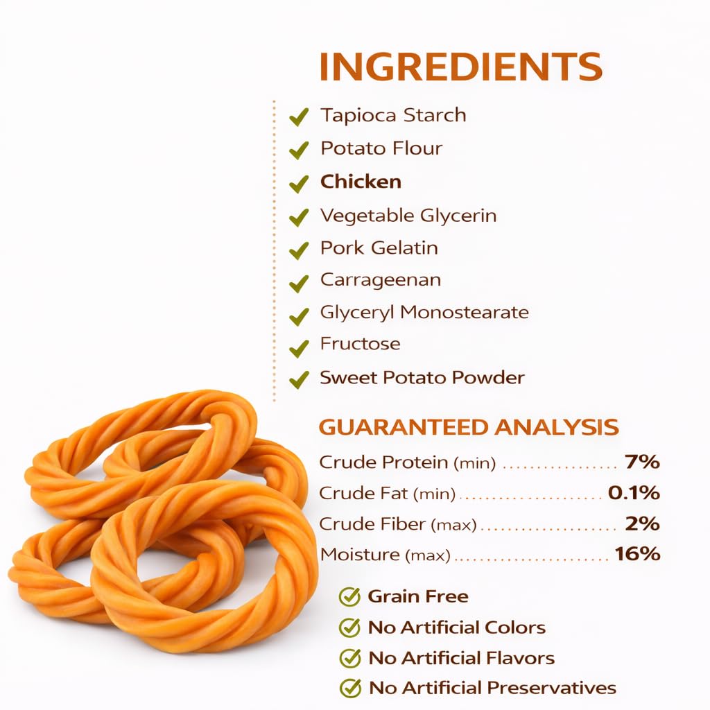 Generic No Rawhide Puppy Teething Rings pumpkin sweet potato flavor close-up, delicious for pups.