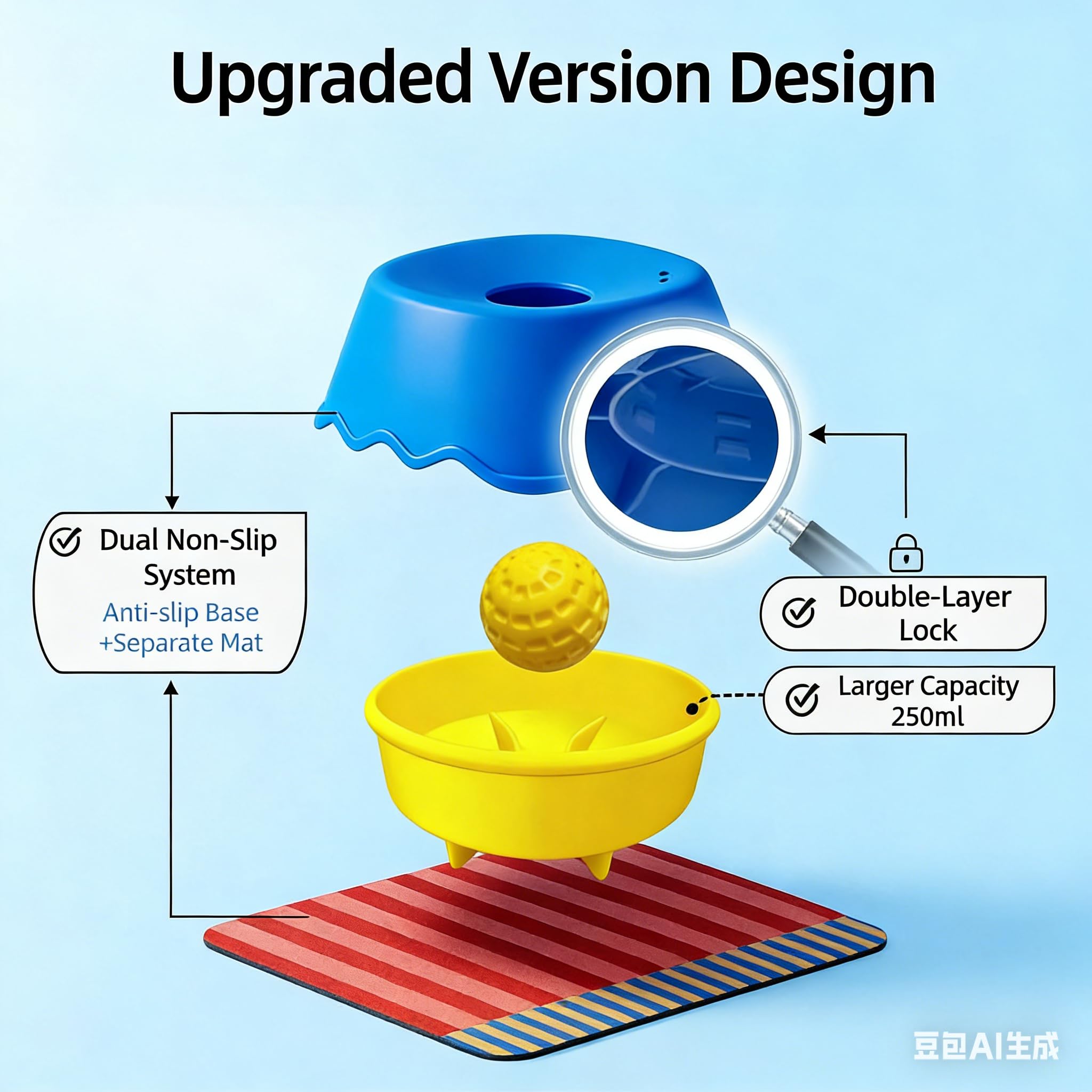 Generic non-slip base keeps the bowl steady on tile, wood, or laminate.