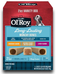 Generic O- Roy Munchy Bones variety box front showing three flavors for dogs
