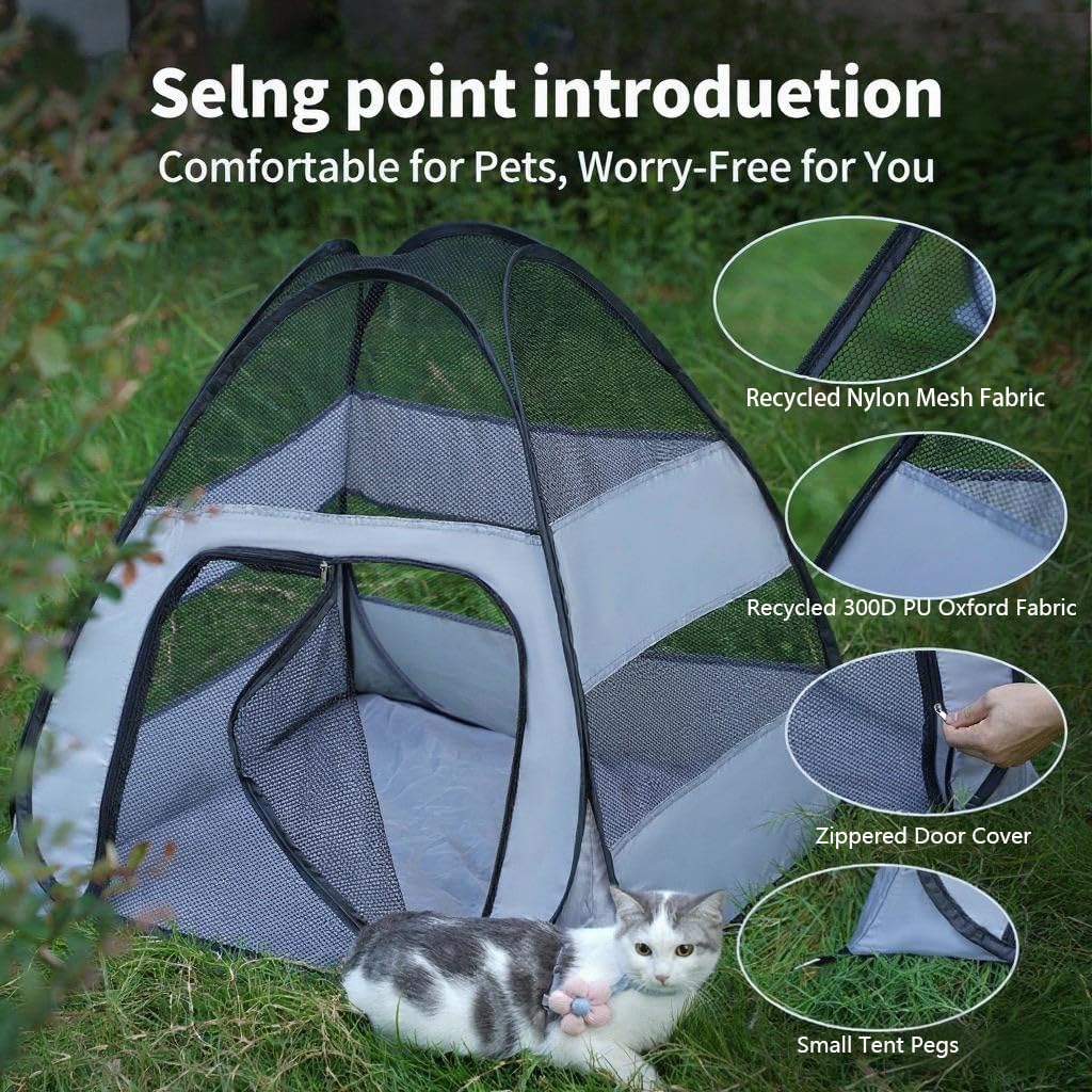 Generic Outdoor Cat Cage comes with stakes for wind stability outdoors.
