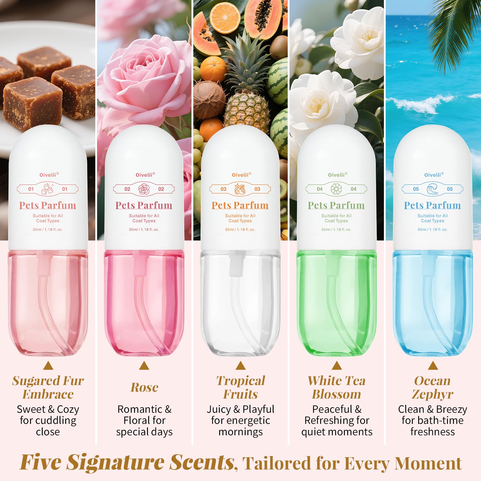 Generic pet perfume white tea blossom bottle shows soft fragrance