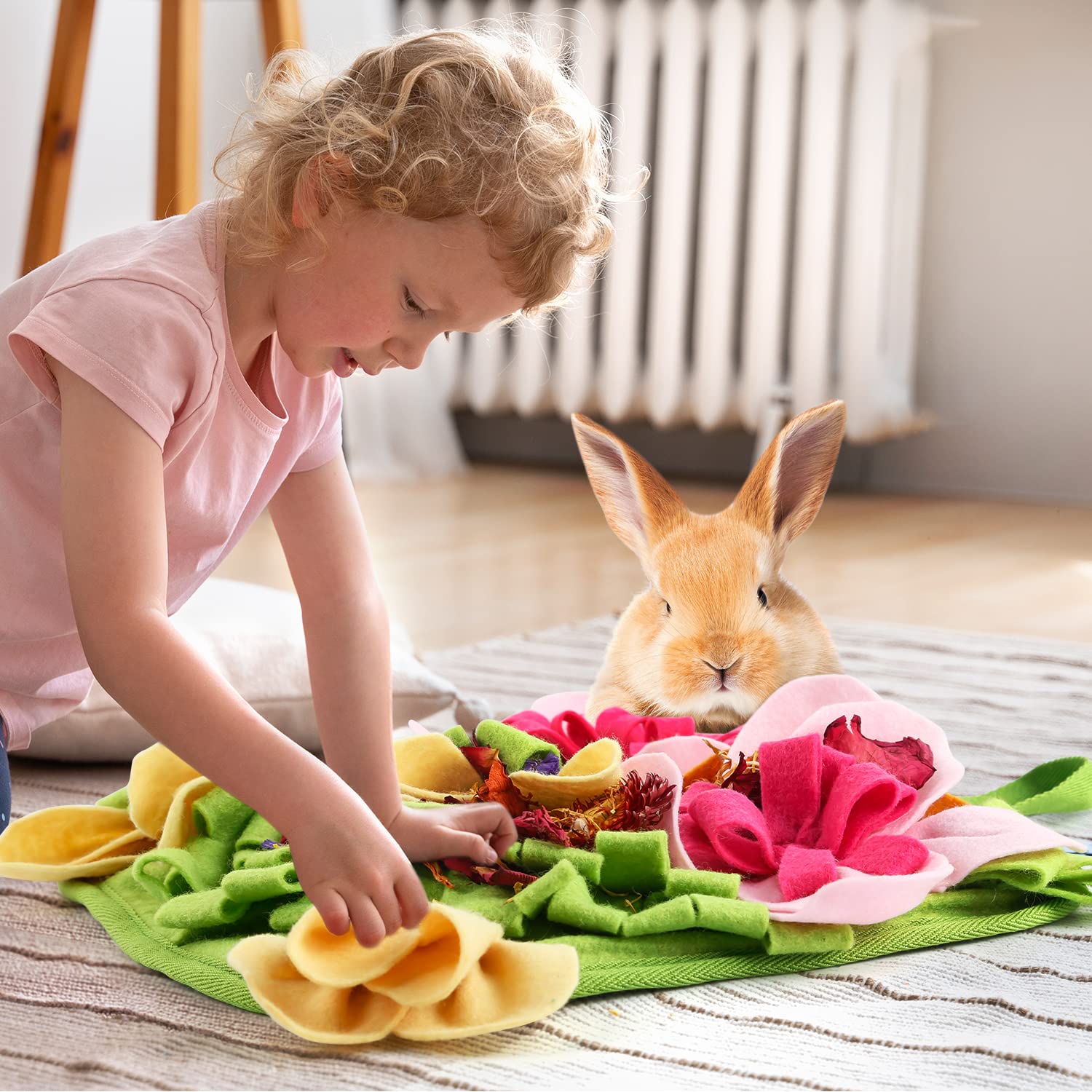 Generic Rabbit Foraging Mat in use with small animals enjoying foraging.