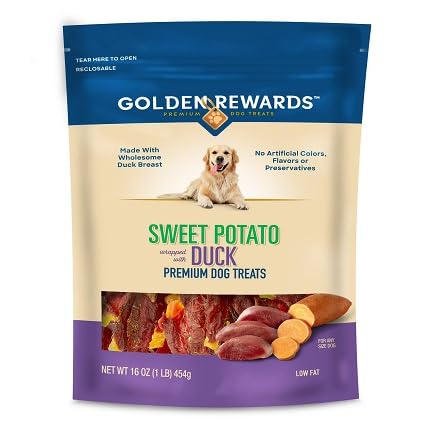 Generic Rewards duck-wrapped sweet potato chews in 16oz bag, ideal for training rewards