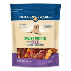 Generic Rewards duck-wrapped sweet potato chews in 16oz bag, ideal for training rewards