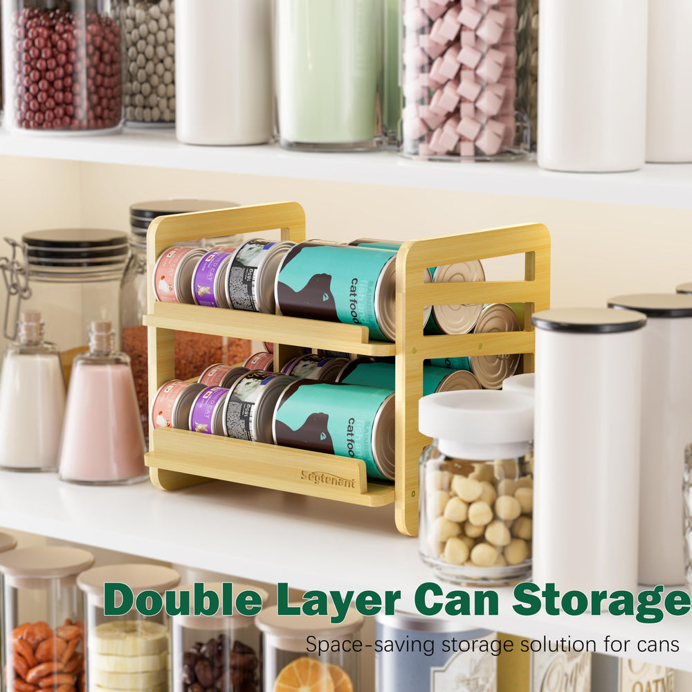 Generic Rolling Bamboo Cat Food Can Organizer shows natural bamboo grain and sturdy construction.