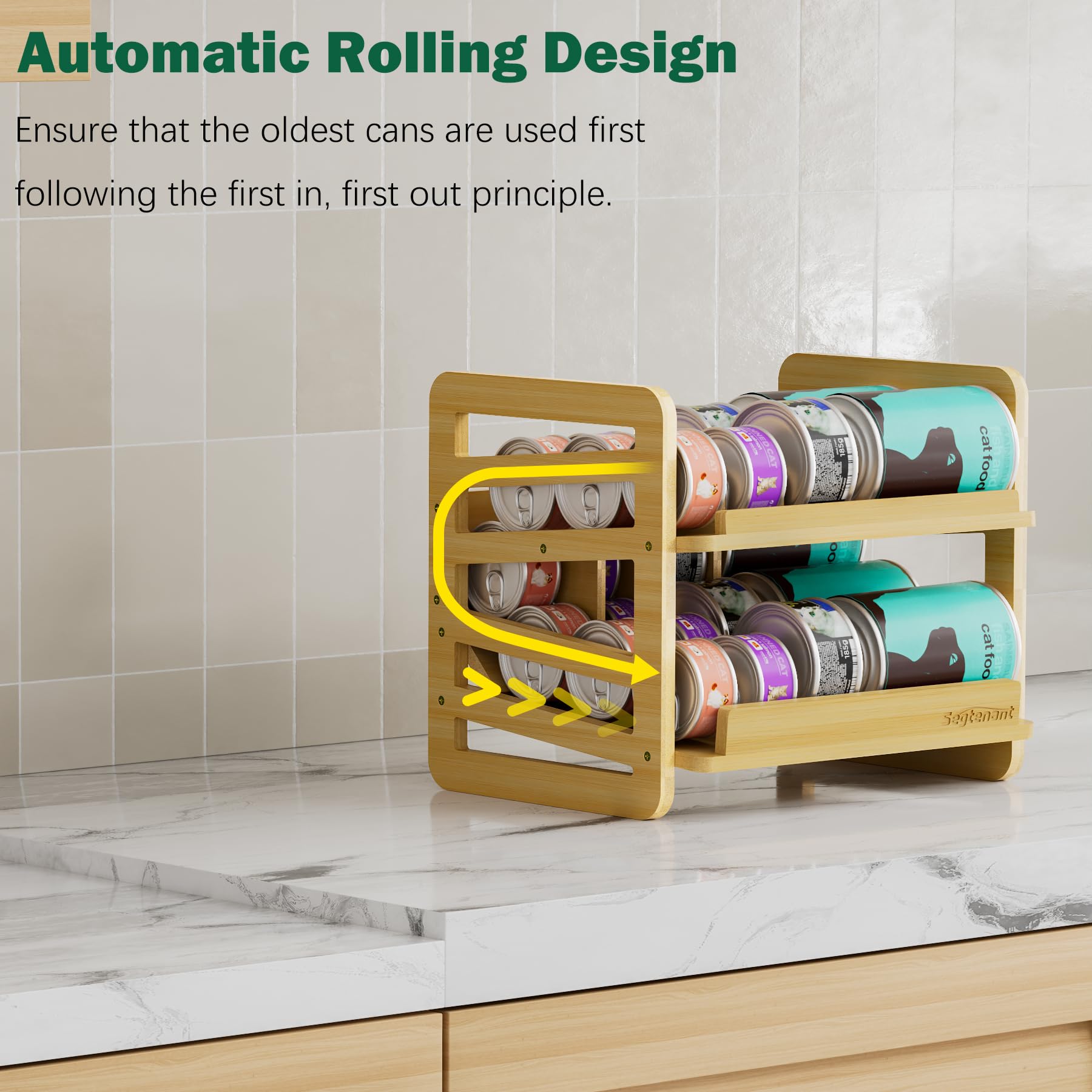 Generic Rolling Bamboo Cat Food Can Organizer closed-lid design protects cans from dust.
