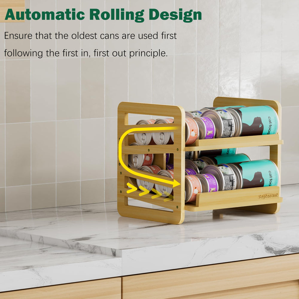 Generic Rolling Bamboo Cat Food Can Organizer closed-lid design protects cans from dust.