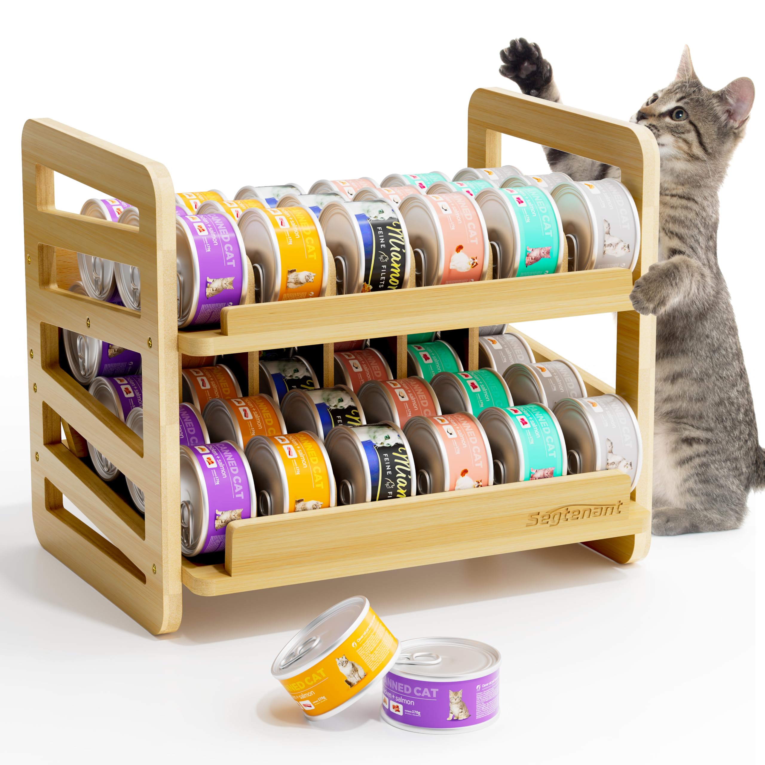 Generic Rolling Bamboo Cat Food Can Organizer front view shows two-tier design for easy reaching cans.