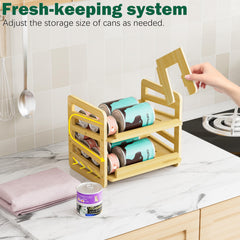 Generic Rolling Bamboo Cat Food Can Organizer kitchen cabinet setup keeps cans organized.