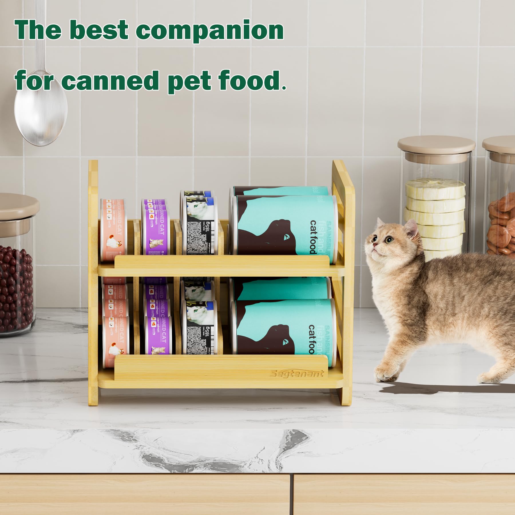 Generic Rolling Bamboo Cat Food Can Organizer two-layer storage saves counter space.