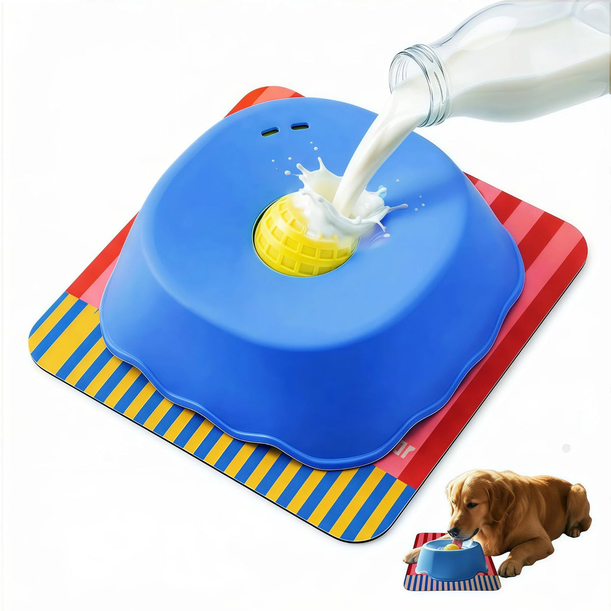 Generic slow-feeder bowl with embedded ball for controlled licking and hydration.
