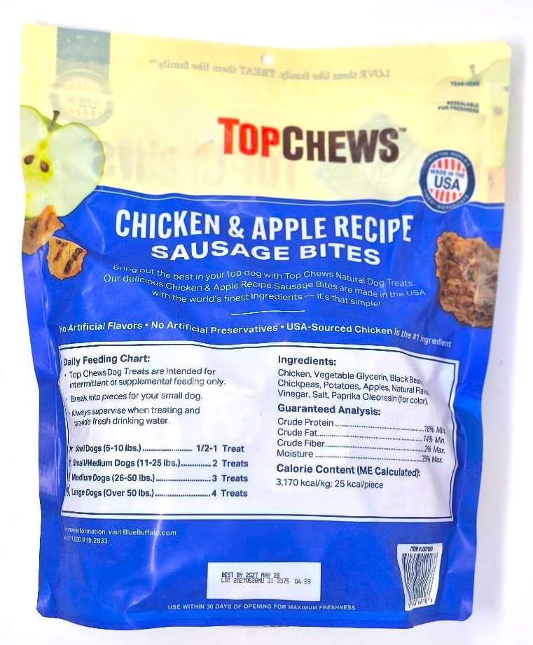 Generic Top Chews Chicken Apple Dog Treats close-up bag showing real chicken ingredients.