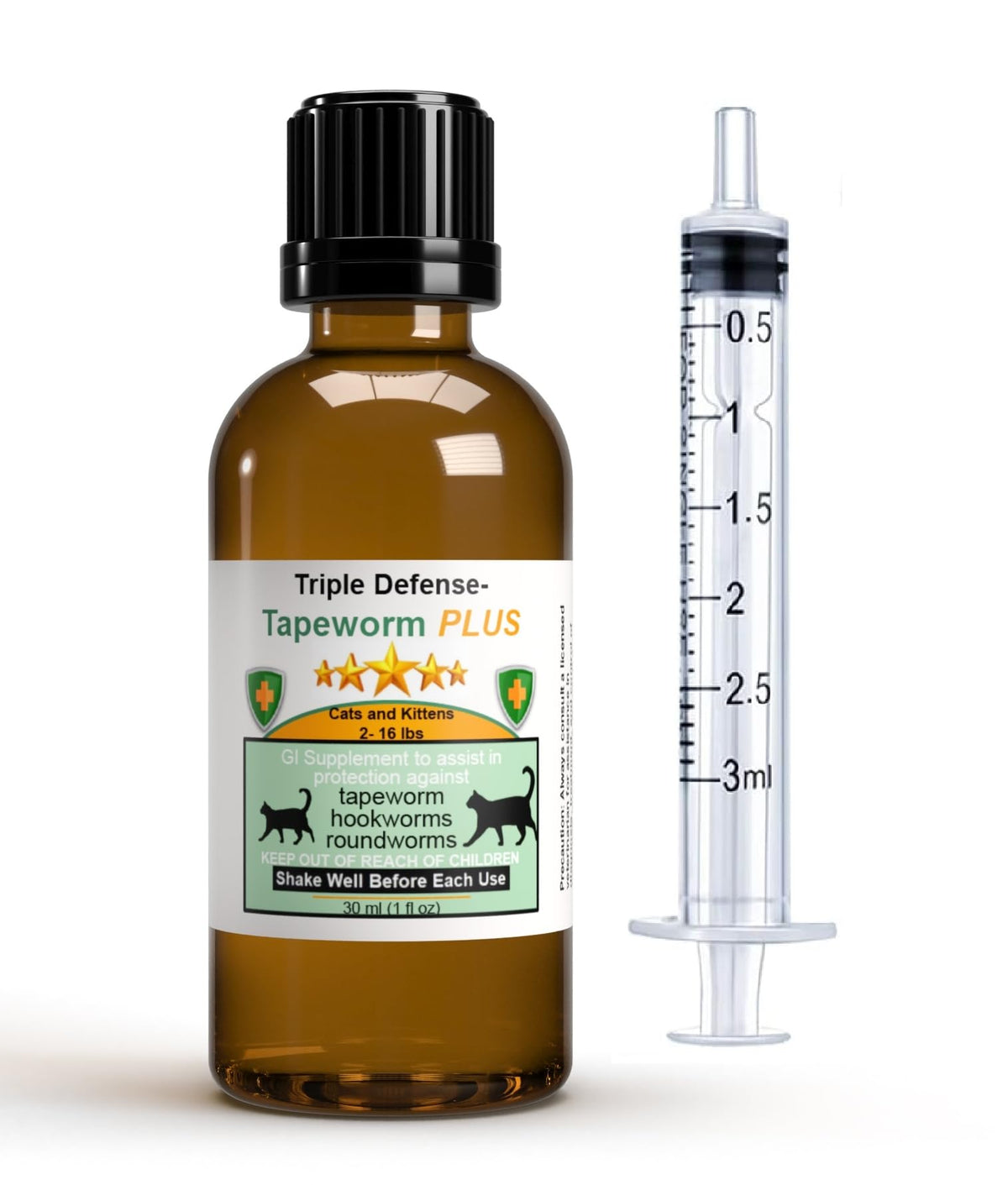 Generic Triple Defense Plus vanilla syringe eases cat dosing.