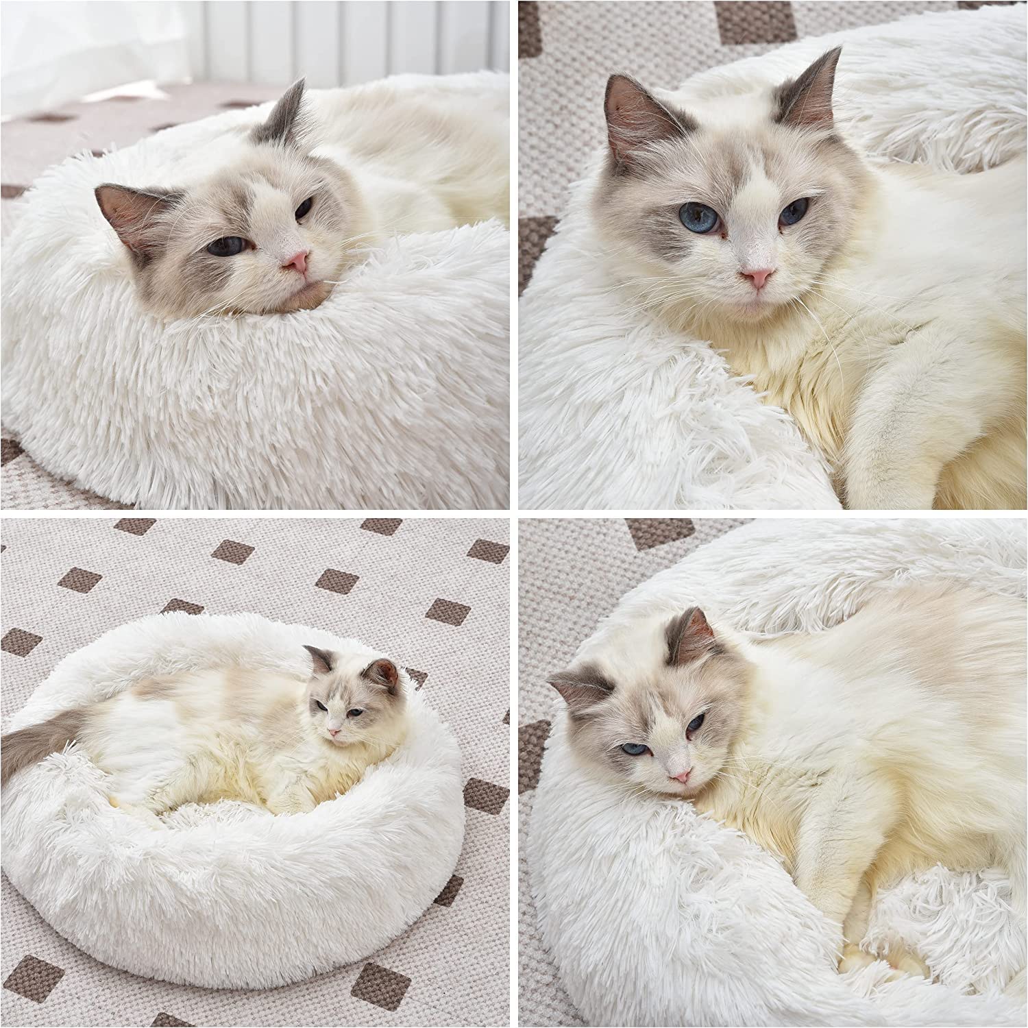 Generic White Faux Fur Round Bed packaging shows vacuum seal and fluffy setup.