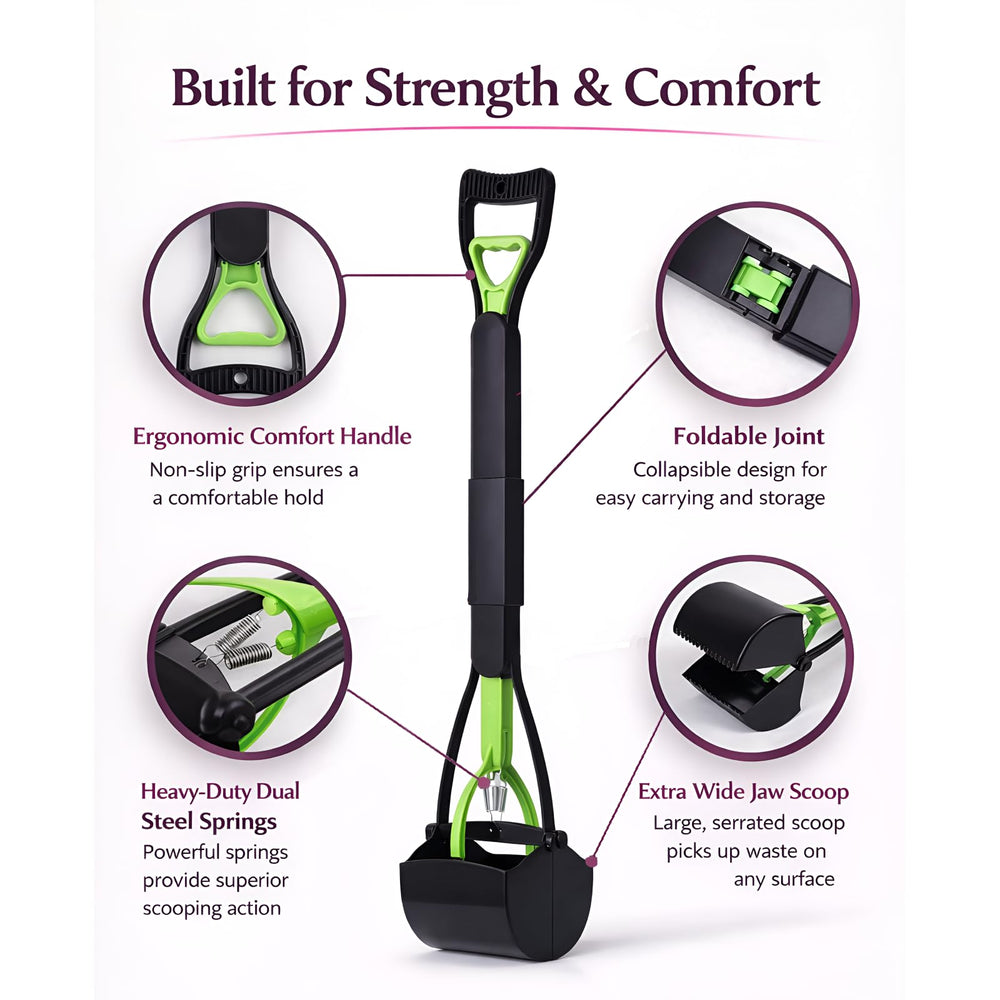 Generic scooper works on grass, gravel, dirt, and concrete surfaces.