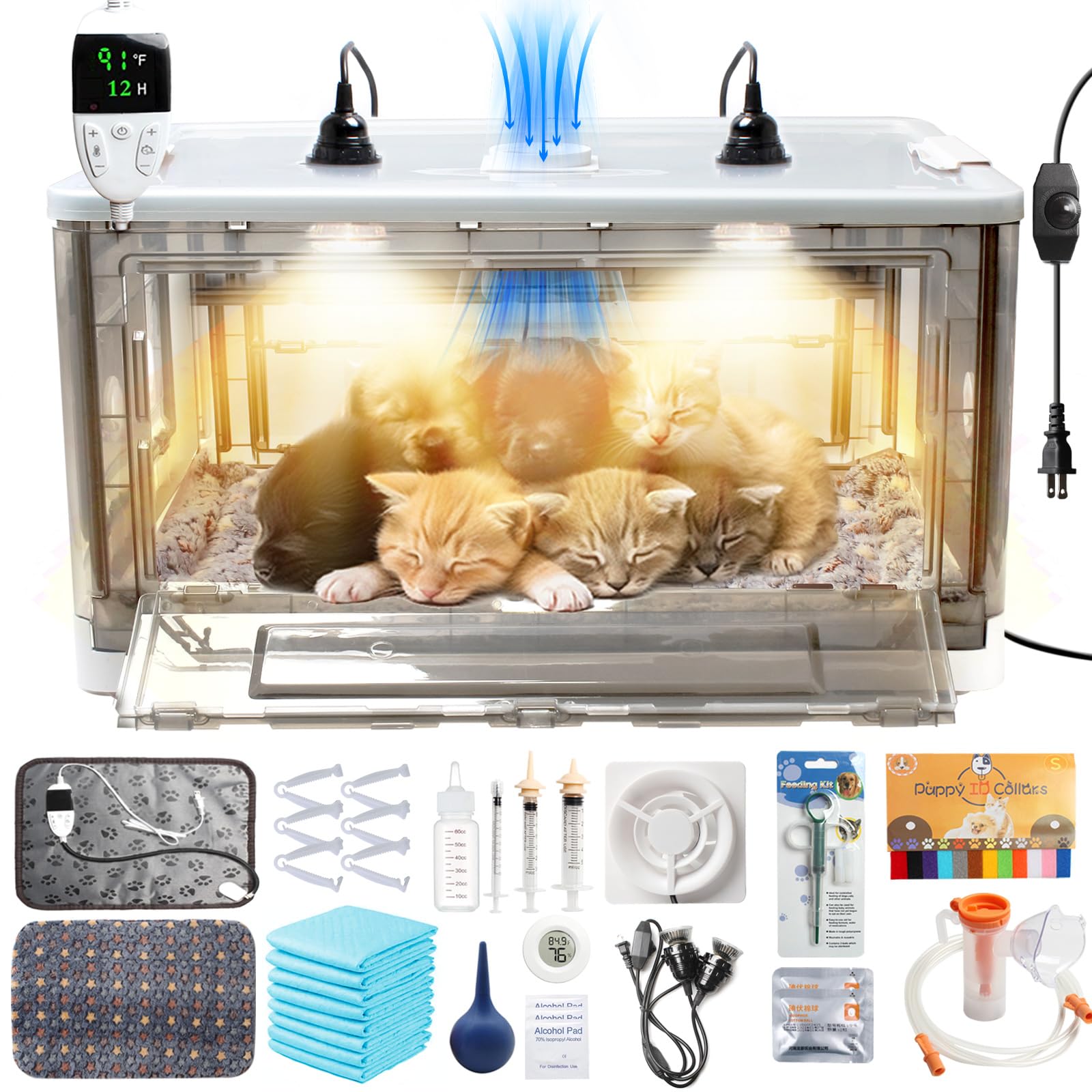 Geniprem Puppy Incubator interior with heating and fan for stable warmth